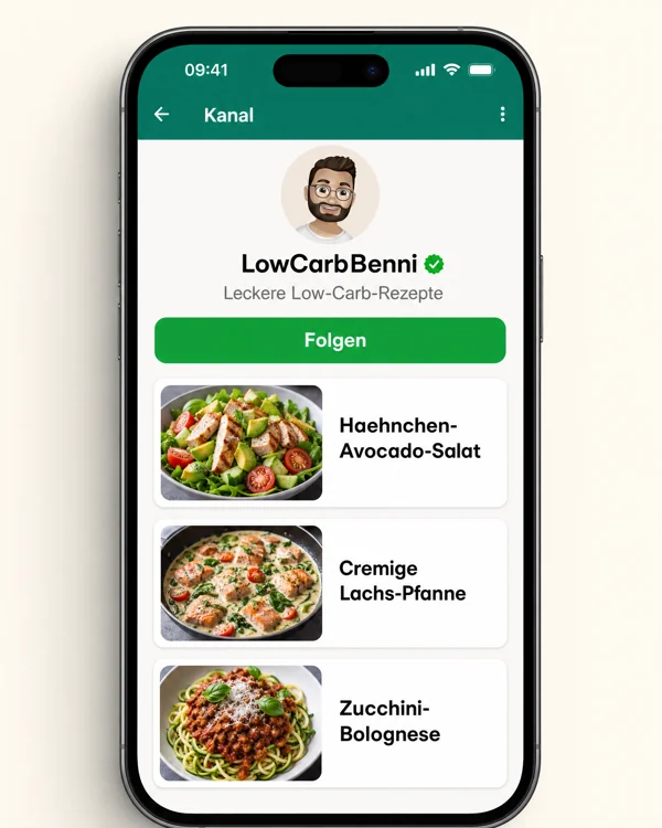 LowCarbBenni WhatsApp-Kanal Vorschau mit Rezepten und Folgen-Button